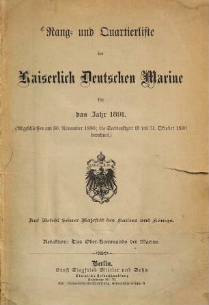 Rang- und Quartierliste der Kaiserlich-Deutschen Marine. 1891