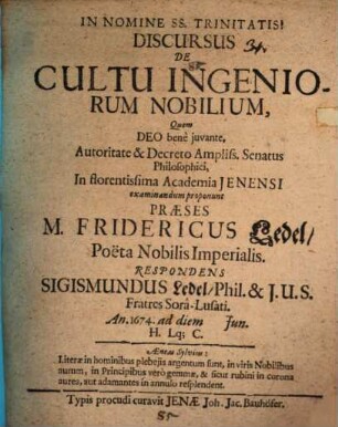 Discursus de cultu ingeniorum nobilium