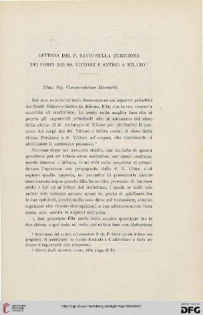 20: Lettera del P. Savio sulla questione dei corpi dei SS. Vittore e Satiro a Milano