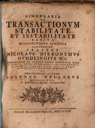 Singularia de transactionum stabilitate et instabilitate capita