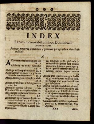 Index Rerum memorabilium hoc Dominicali contentarum.