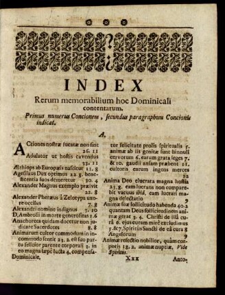 Index Rerum memorabilium hoc Dominicali contentarum.