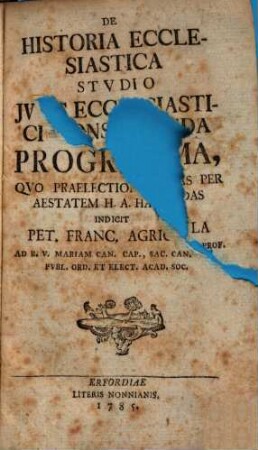 De historia ecclesiastica studio juris eccles. consociande Progr.