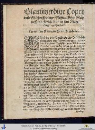 Warhafftige erzehlung wie Heinricus 3. König in Frankreich ...