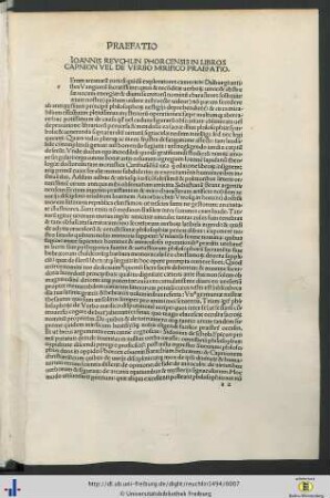 Ioannis Reuchlin Phorcensis in libros capnion vel de verbo mirifico praefatio.