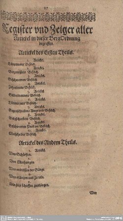 Register und Zeiger aller Artickel in dieser BergOrdnung begriffen.