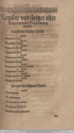 Register und Zeiger aller Artickel in dieser BergOrdnung begriffen.