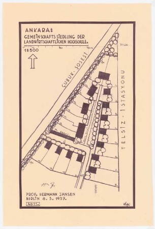 Gesamtbebauungsplan Ankara Siedlung der Professoren der Landwirtschaftlichen Hochschule. Ziraat Mektebi Kooperatifi: (Lichtpause von Inv.Nr. 23017), Lageplan 1:500
