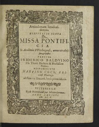 Articulorum Smalcaldicorum Disputatio Sexta De Missa Pontificia