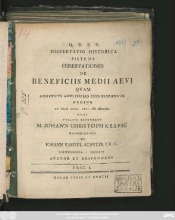 Fasc. 1: Dissertatio Historica Sistens Observationes De Beneficiis Medii Aevi