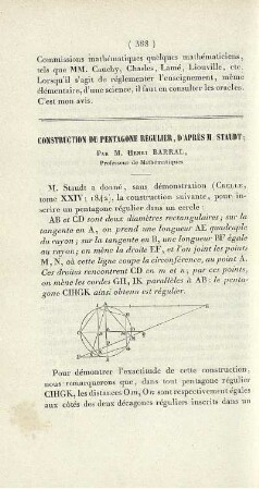 Construction du pentagone régulier, d´après M. Staudt.