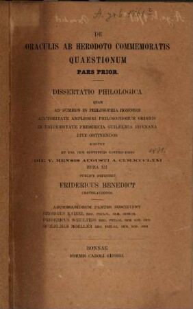 De oraculis ab Herodoto commemoratis quaestionum pars prior : Diss. philol.