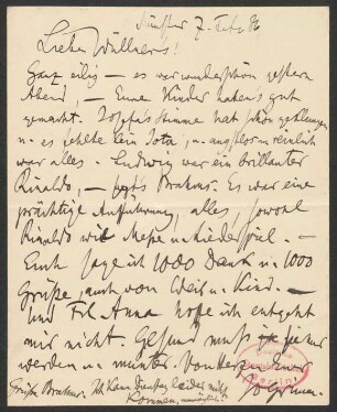 Briefkarte an Franz Wüllner : 07.02.1886