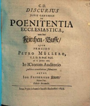 Discursus juris canonici de poenitentia ecclesiastica : von der Kirchen-Busse