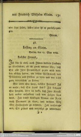 46. Lessing an Gleim. Berlin, den 13. May 1766