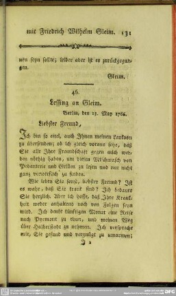 46. Lessing an Gleim. Berlin, den 13. May 1766