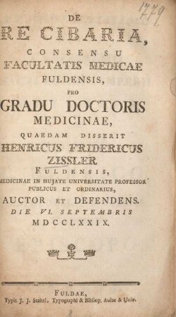 De re cibaria, consensu Facultatis Medicae Fuldensis