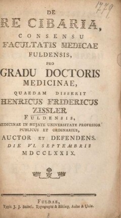 De re cibaria, consensu Facultatis Medicae Fuldensis