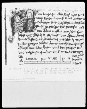 Sammelband verschiedener religiöser Schriften — Initiale A, Mariä Verkündigung, Folio 14recto