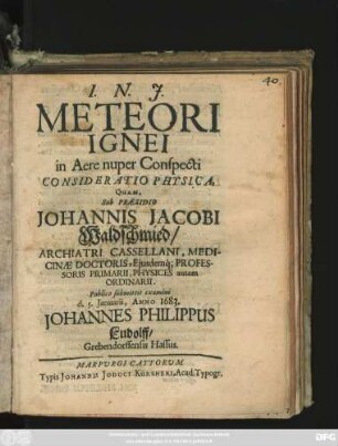 Meteori Ignei in Aere nuper Conspecti Consideratio Physica