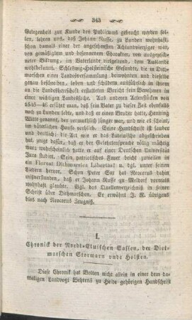 I. Chronick der Nordt-Eluischen Sassen, der Dietmarschen Stormarn vnde Holsten.