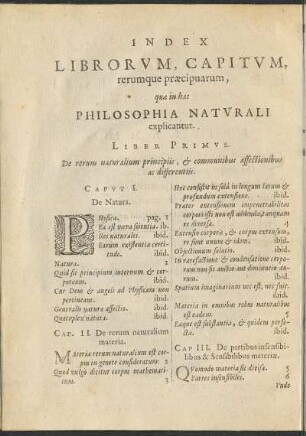 Index Librovm, Capitvm, rerumque preaecipuarum, quae in hac Philosophia Natvrali explicantur.
