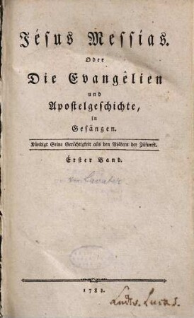 Jesus Messias, Oder Die Evangelien und Apostelgeschichte, in Gesängen, 1