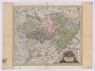 Homann, J. B.: Karte von Sachsen-Eisenach, ca. 1:210 000, Kupferstich, um 1715 : Principatus Isenacensis : cum adiacentibus vicinorum Statuum Ditionibus exhibitus ; Cum Privileg. Sac. Caes. Mai. / à Iohanne Bapt. Homanno. - [Ca. 1:210 000]. - Norimbergae , [um 1715]. - 1 Kt. : kolor. Kupferst. ; 55 x 47 cm