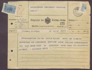 Telegramm von Alfred Hoche, Freiburg, an Constantin Fehrenbach, Sorge um die Lage in der Bevölkerung