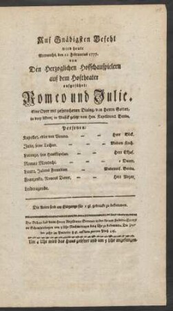 [Theaterzettel] : Mittwochs, den 12 Februarius 1777