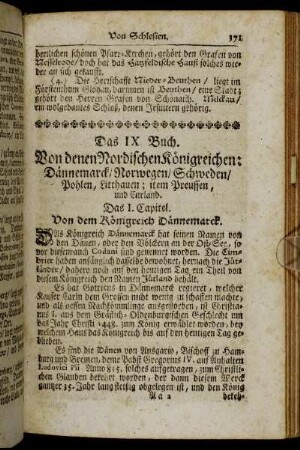 Das IX. Buch. Von denen Nordischen Königreichen: Dännemarck/ Norwegen/ Schweden/ Pohlen, Litthauen; item Preussen, und Curland.