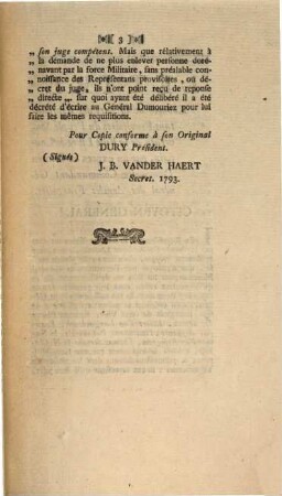 Extrait Par translat du Proces Verbal de la séance Representans Provisoires du Peuple Souverain de la Ville Libre de Louvain, du 7 xbre 1792, l'An Ier de la Republique Belgique