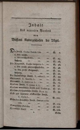 Inhalt des neunten Bandes von Buffons Naturgeschichte der Vögel.