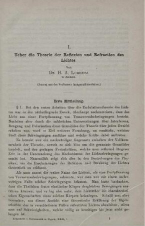 I. Ueber die Theorie der Reflexion und Refraction des Lichtes.