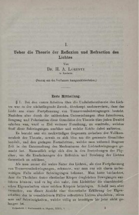 I. Ueber die Theorie der Reflexion und Refraction des Lichtes.