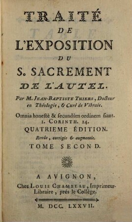 Traité De L'Exposition Du S. Sacrement De L'Autel. 2