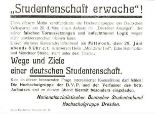 "Studentenschaft erwache"! Flugblatt des Nationalsozialistischen Studentenbundes - Hochschulgruppe Dresden (1927)