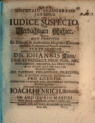 Disp. ... de iudice suspecto : Vom verdächtigen Richter