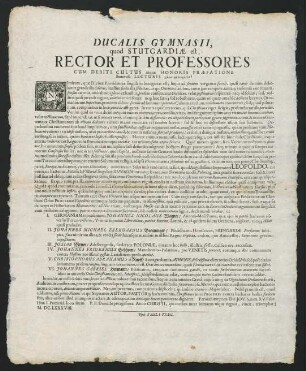Ducalis Gymnasii, quod Stutgardiae est, Rector Et Professores...