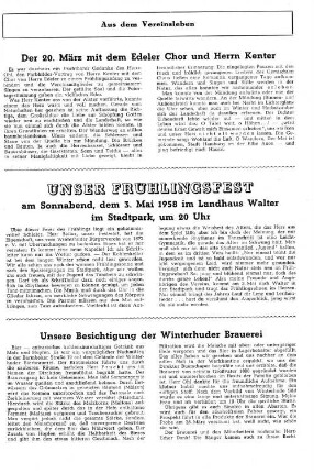 Unser Frühlingsfest am Sonnabend, dem 3. Mai 1958 im Landhaus Walter im Stadtpark, um 20 Uhr