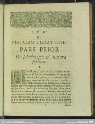 Pars Prior, De Morbo Ipso & natura febrium