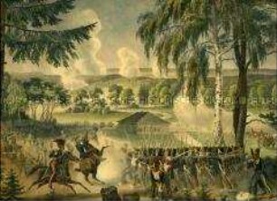 Militärdarstellung, Gefecht zwischen den Franzosen unter Ney und Junot und den sich zurückziehenden Russen bei Walutina Gora am 19. August 1812, Napoleons Russlandfeldzug, 1812. Tafel 41 aus: Faber du Faur: Mit Napoleon in Rußland 1812.