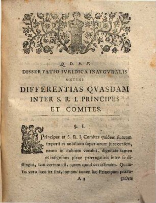 Dissertatio Ivridica Inavgvralis Sistens Differentias Qvasdam Inter S.R.I. Principes Et Comites