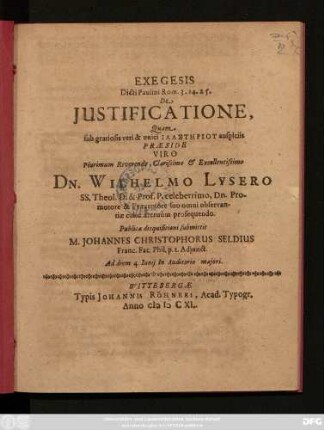 Exegesis Dicti Paulini Rom. 3. 24. 25. De Iustificatione