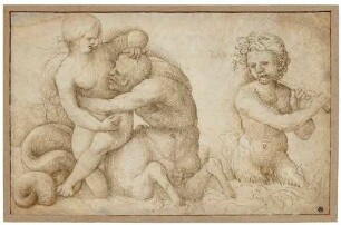 Liebeskampf zwischen Nereide und Triton mit einem Flöte spielenden Triton