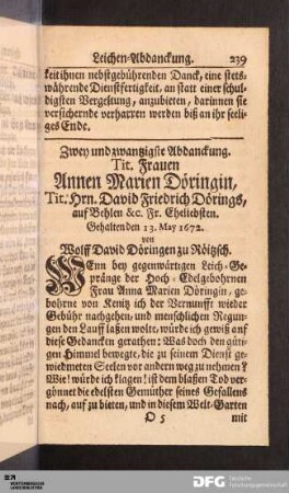 Zwey und zwantzigste Abdanckung. Tit. Frauen Annen Marien Döringin...