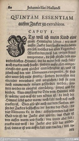 QUINTAM ESSENTIAM außm Zucker zu extrahiren. CAPUT I. - CAPUT V.