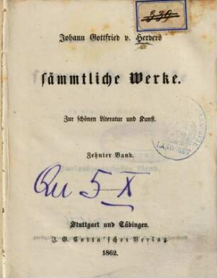 Johann Gottfried v. Herders sämmtliche Werke : in vierzig Bänden, 22. Zur schönen Literatur und Kunst ; 10