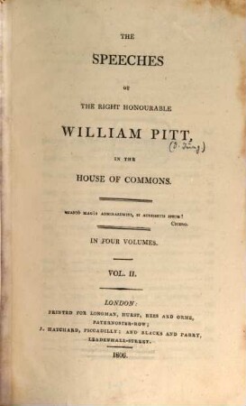The speeches of ... William Pitt in the House of Commons : in four volumes. 2