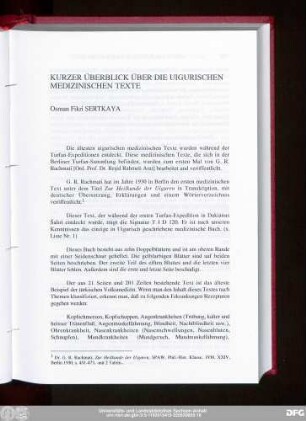 Kurzer Überblick Über Die Uigurischen Medizinischen Texte Osman Fikri Sertkaya